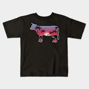 Cow Beautiful Sunset Beach Palm Tree Kids T-Shirt
